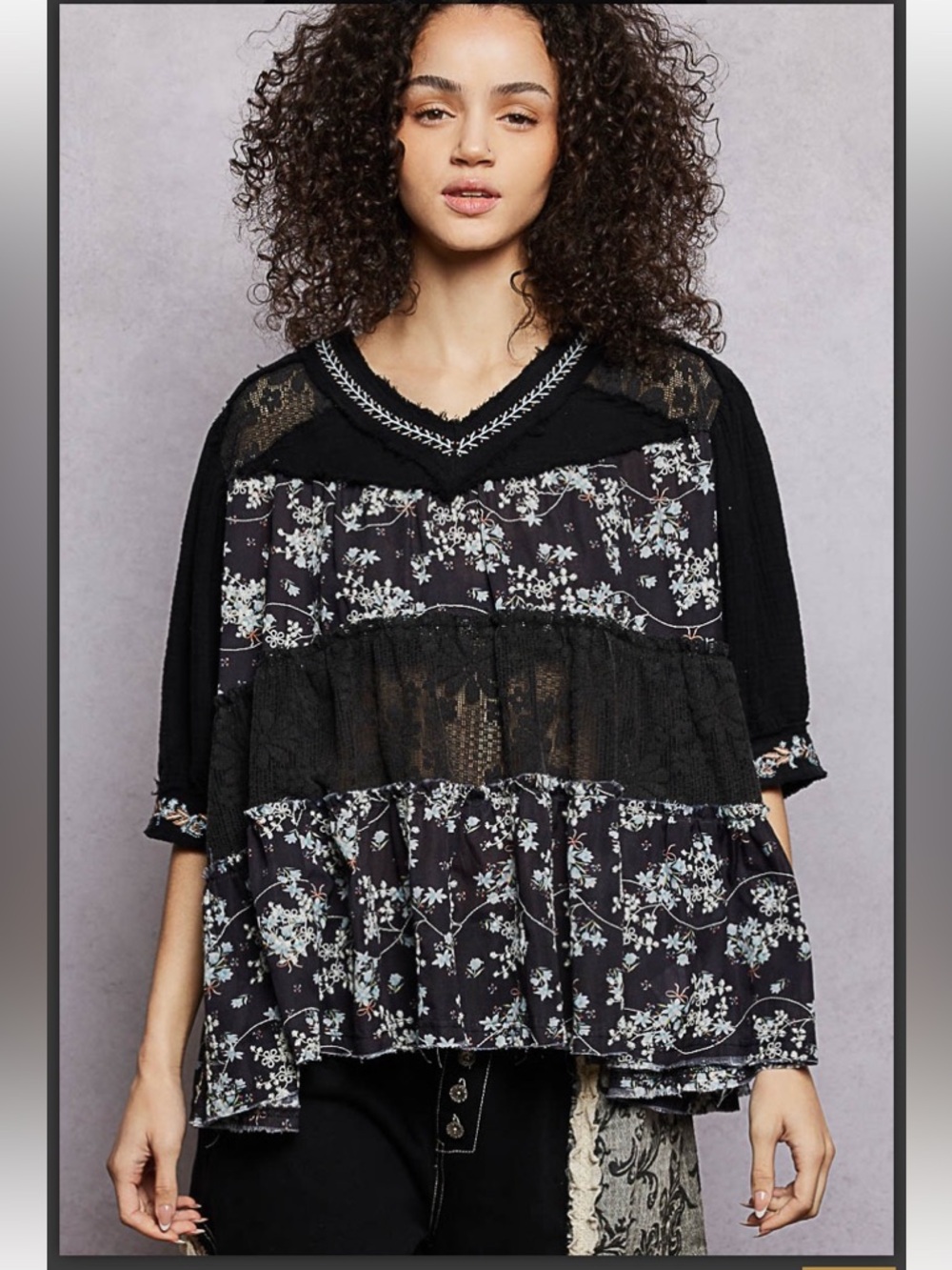 POL Floral Tiered Black Lace Mixed-Media Top